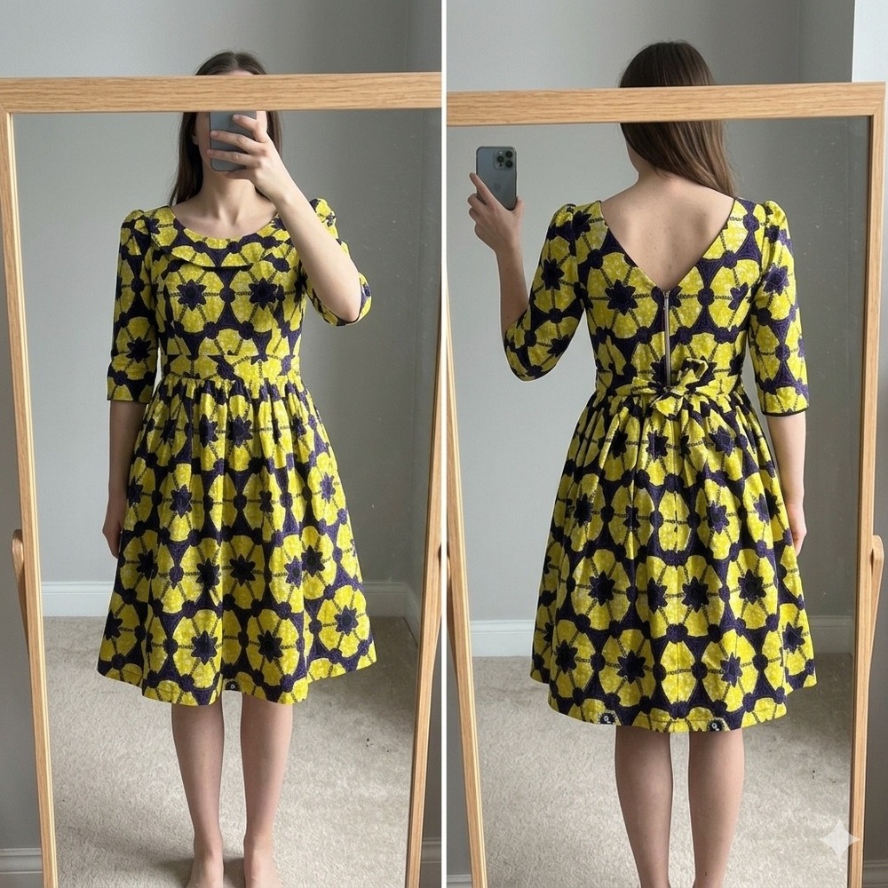 Yellow Purple‎ S/M Geometric Floral Fit Flare Dress Peter Pan Collar Rainbow Zip